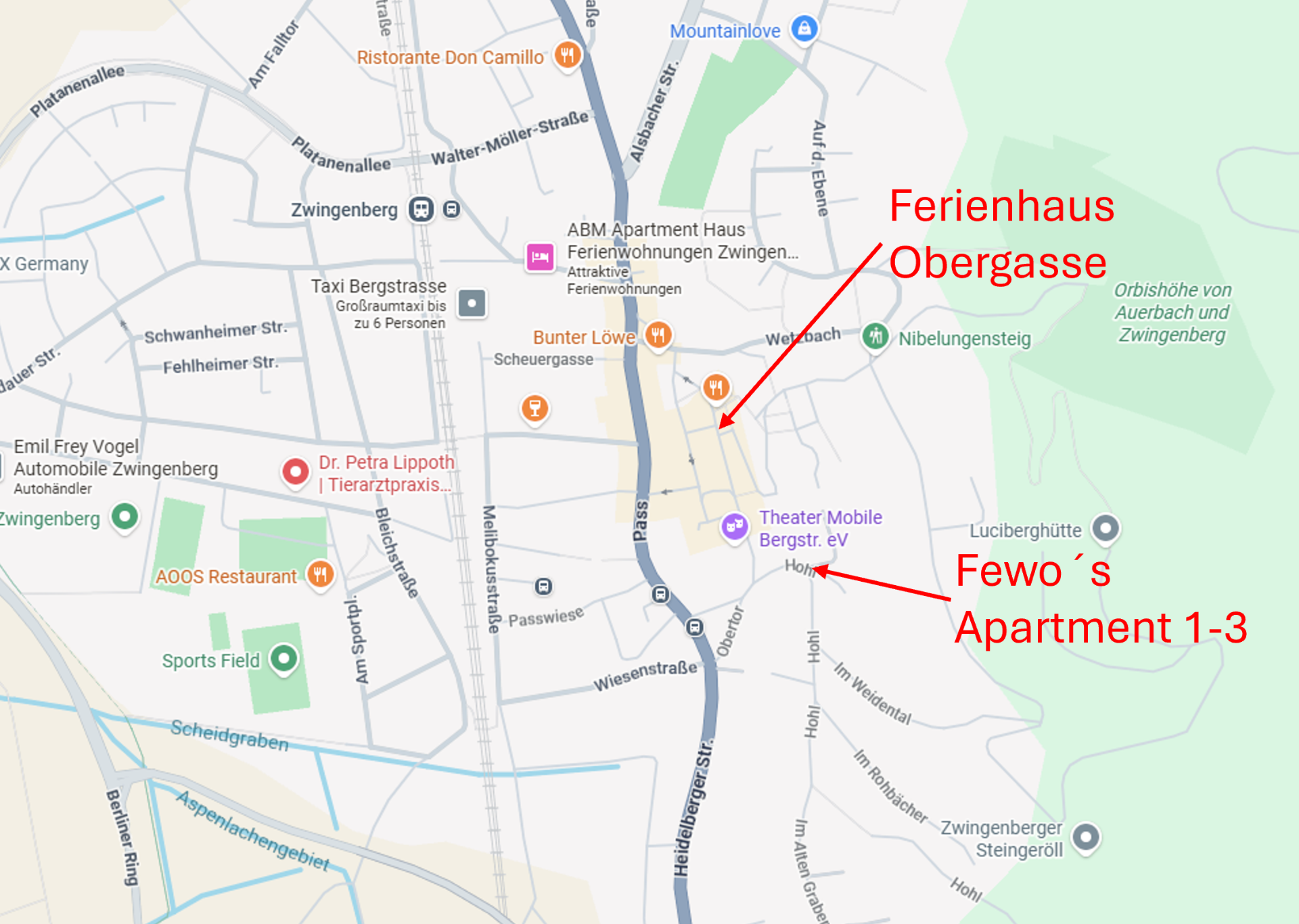 Standorte der Ferienwohnungen in Zwingenberg